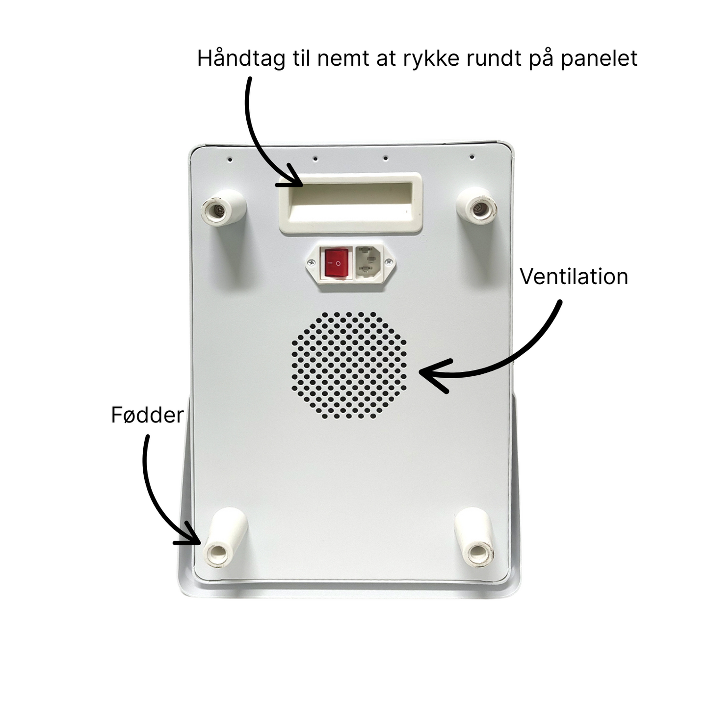 Bagside af hvidt RB300 rødlyspanel. Med ventilation, håndtag og fødder.