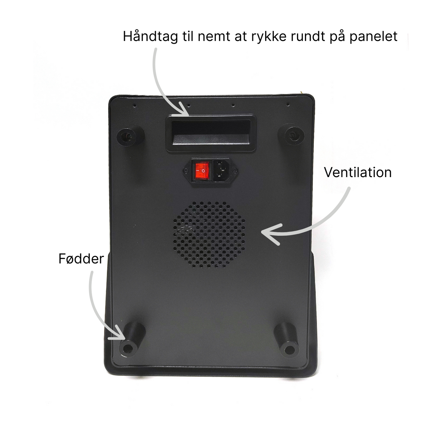 Bagside af sort RB300 rødlyspanel. Med ventilation, håndtag og fødder.