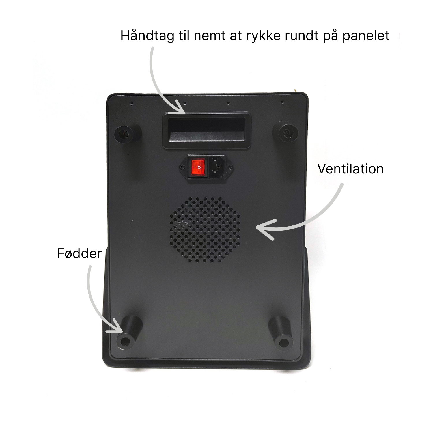 Bagside af sort RB300 rødlyspanel. Med ventilation, håndtag og fødder.