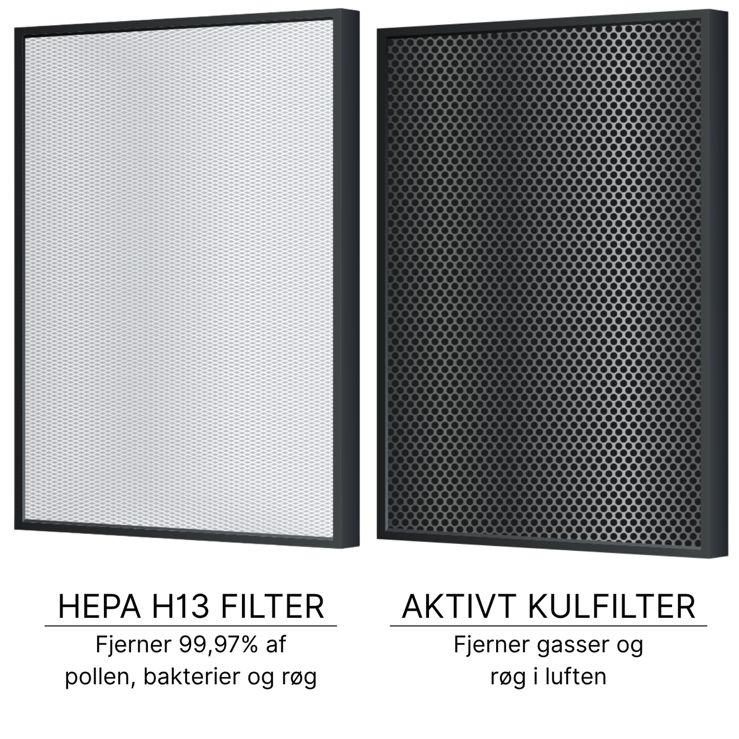 HEPA H13 filter: Fjerner 99,97% af pollen, bakterier og røg. Aktivt kulfilter: Fjerner gasser og røg i luften.