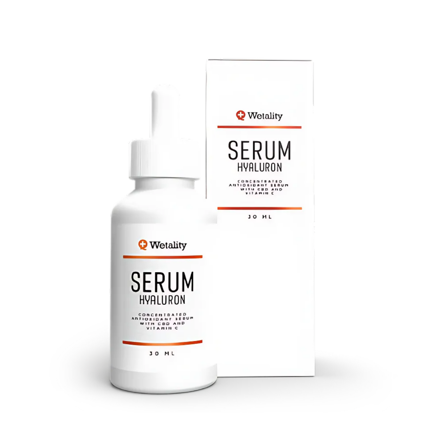 En hvid 30 ml flaske med pipette, med teksten "Wetality Serum Hyraluron, Concentrated antioxidant serum with CBD and Vitamin C." Bag ved står kassen til flasken, med samme tekst på.