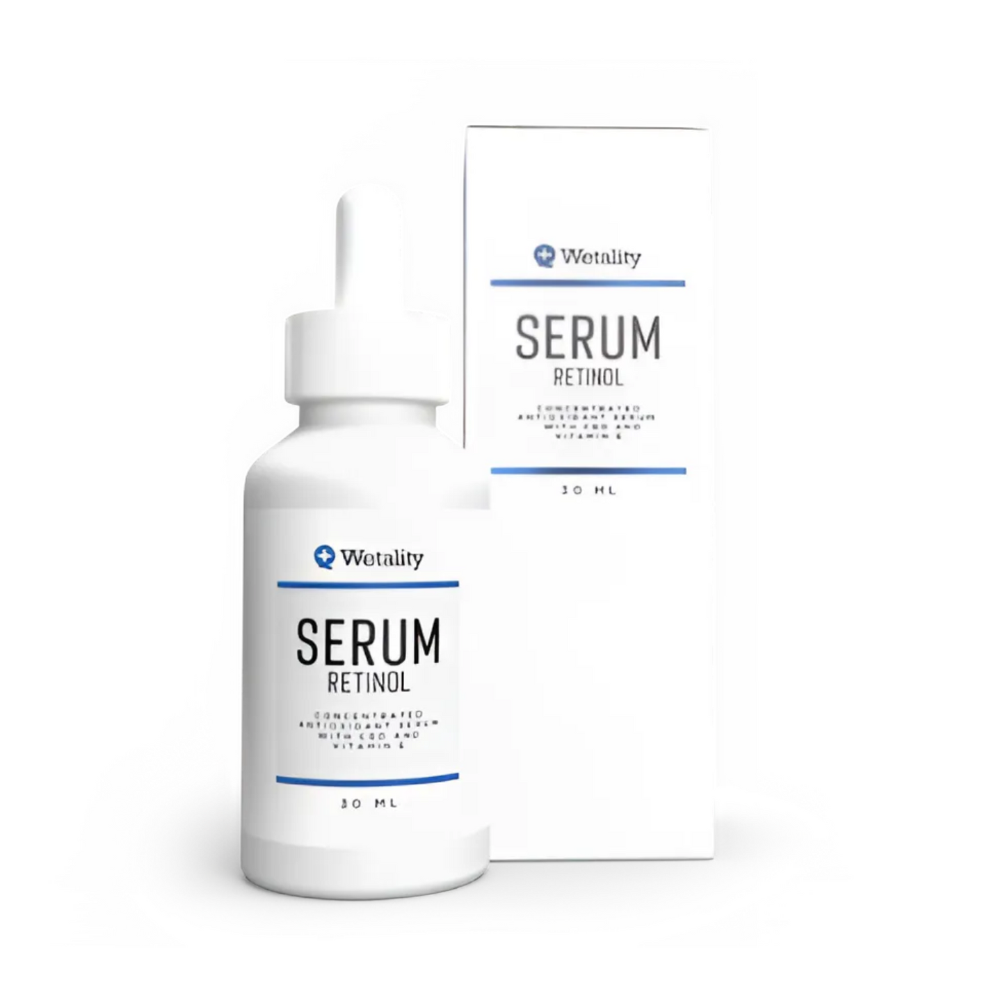 En hvid 30 ml flaske med pipette, med teksten "Wetality Serum Retinol, Concentrated antioxidant serum with CBD and Vitamin E." Bag ved står kassen til flasken, med samme tekst på.