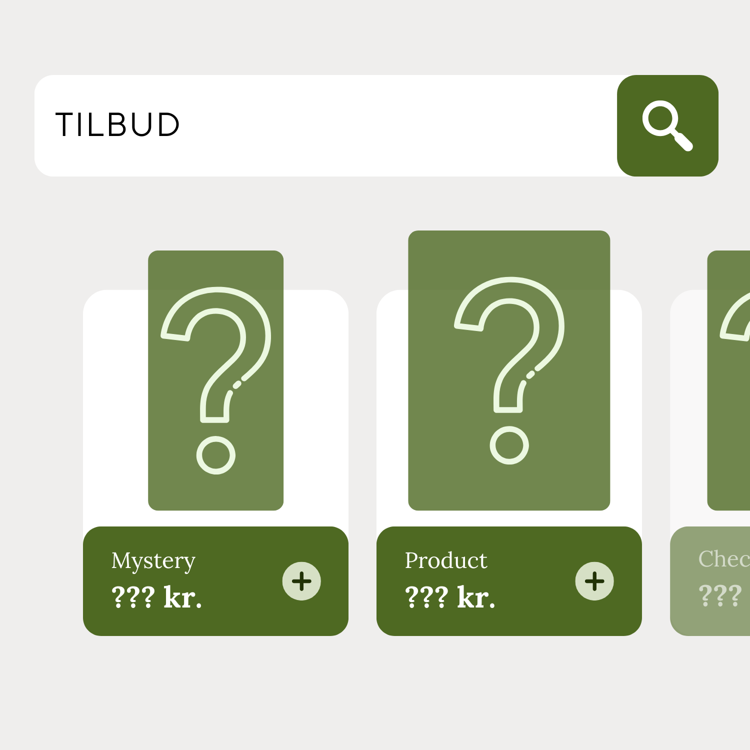Et billed med et søgefelt hvor der står "Tilbud". Under søgefeltet er der bokse med et spørgsmålstegn i og spørgsmålstegn som pris.