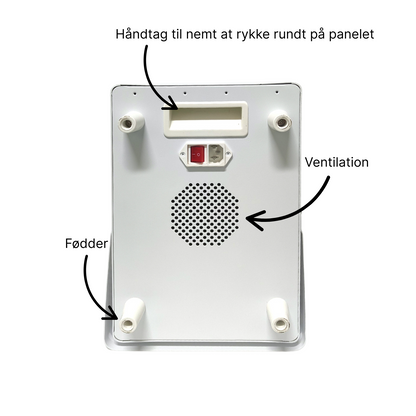 Bagside af hvidt RB300 rødlyspanel. Med ventilation, håndtag og fødder.
