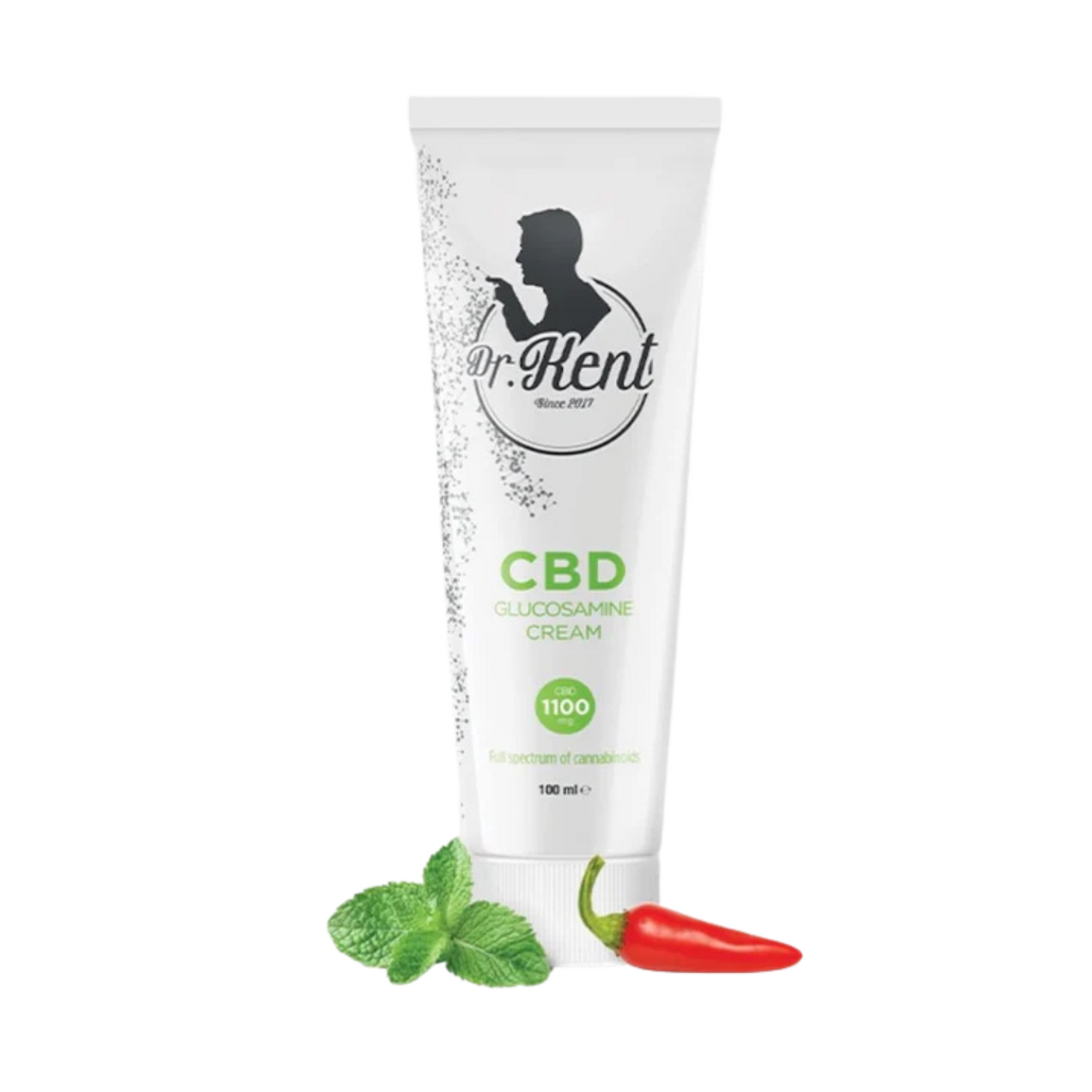 Et billed af en tube Dr. Kent Glucosamin creme med en chilli og nogle mynte blade ved bunden af tuben.