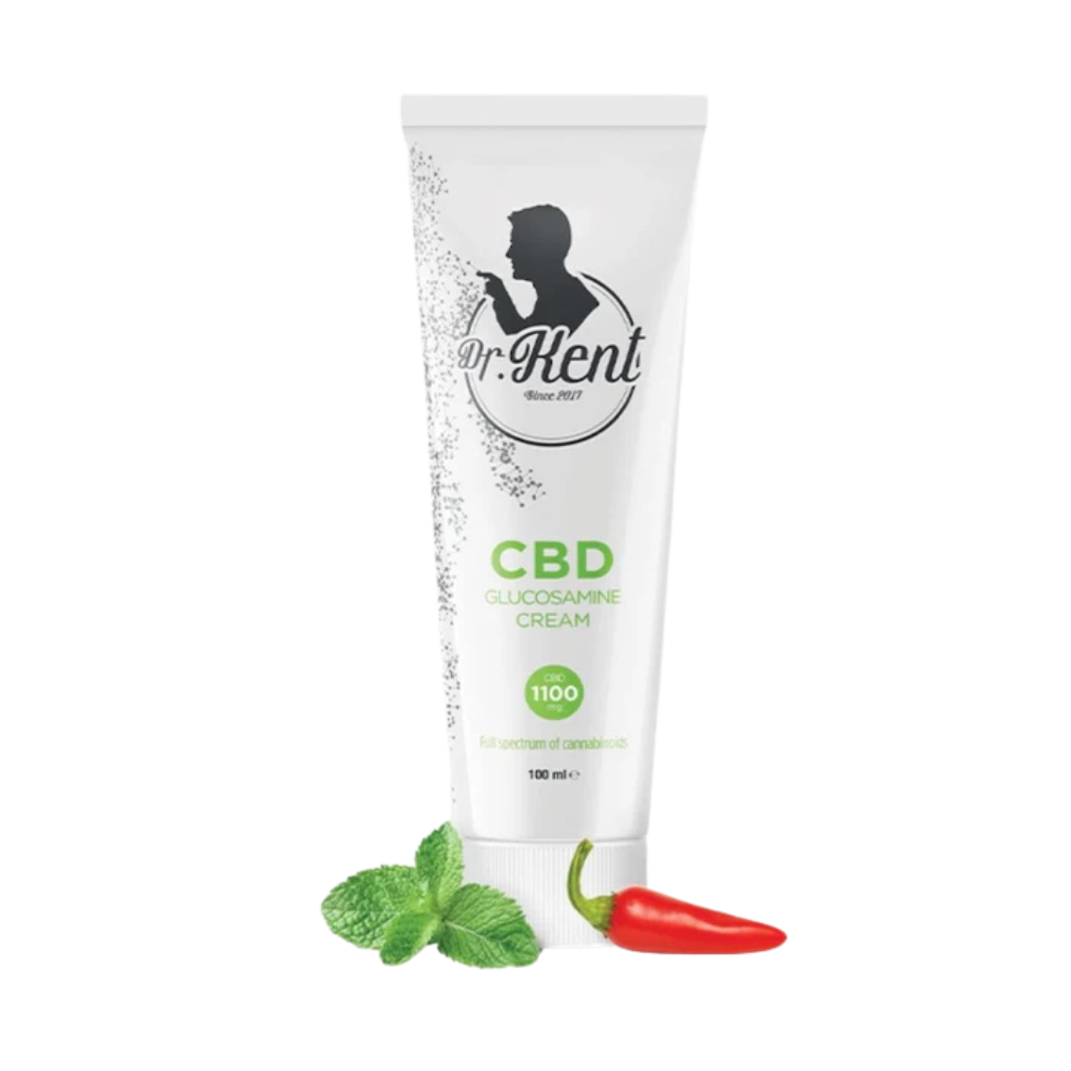 Et billed af en tube Dr. Kent Glucosamin creme med en chilli og nogle mynte blade ved bunden af tuben.