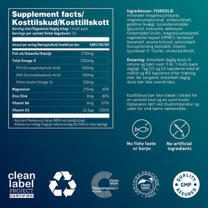 Information om Puori Dagspakker med Omega 3, D-vitamin, B-Vitamin, Magnesium og Zink.