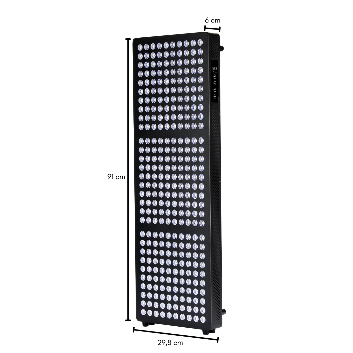 Mål på RB1500 lysterapi panel. H: 91cm B: 29,8cm D: 6cm