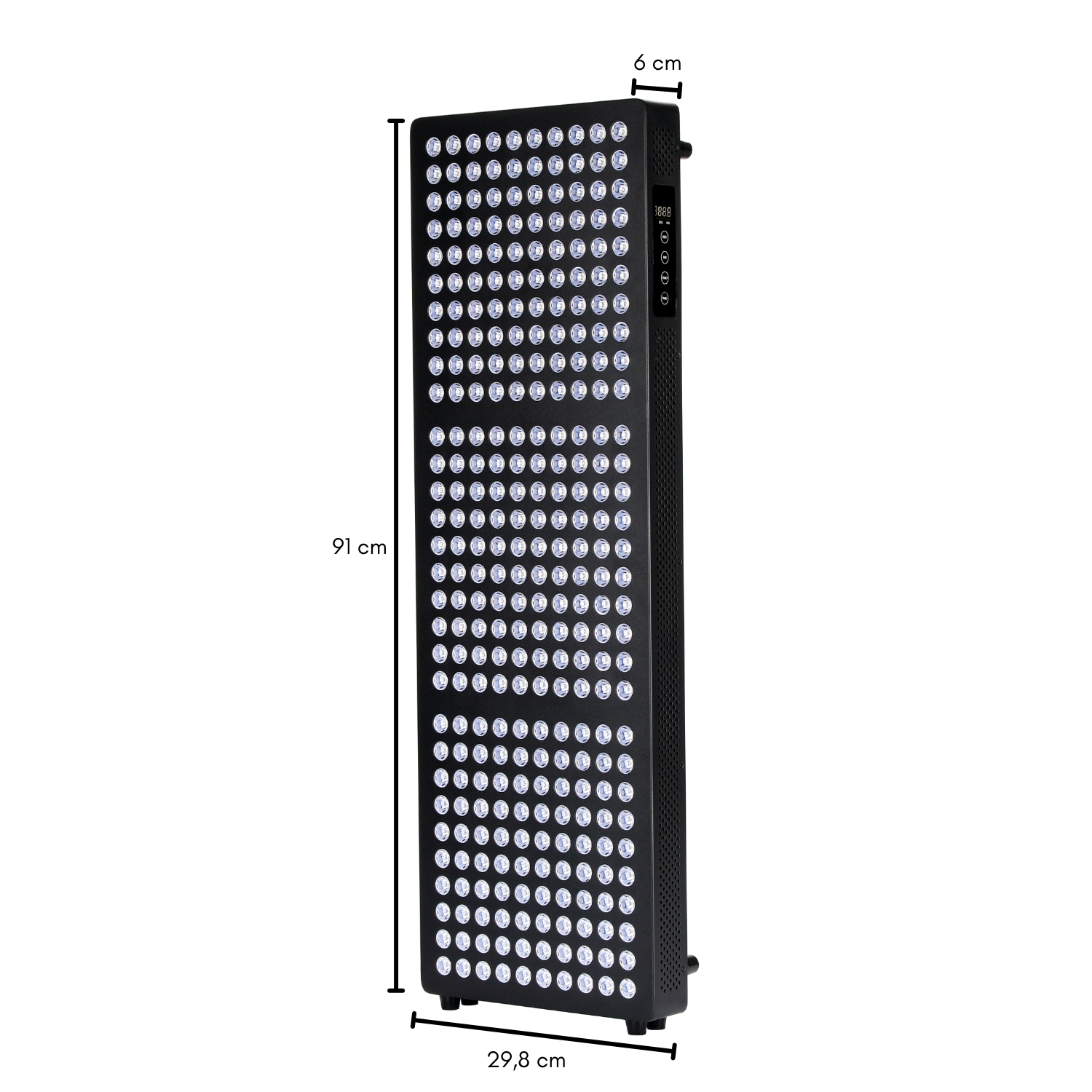 Mål på RB1500 lysterapi panel. H: 91cm B: 29,8cm D: 6cm